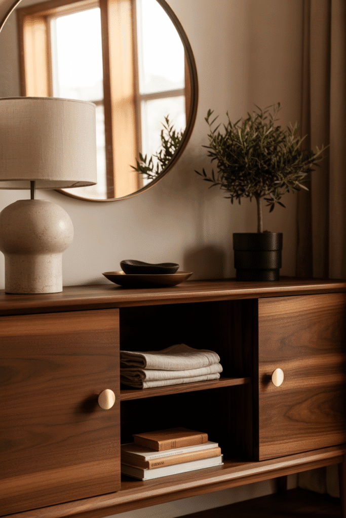 Walnut mid-century modern sideboard with round mirror, lamp, and greenery.