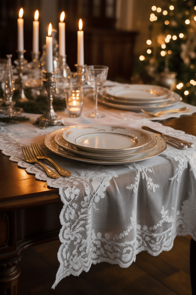 Victorian-style Christmas table setting with lace, fine china, and candlelight.