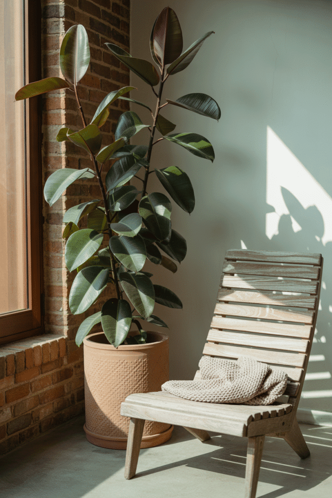Mid-century modern living room corner with rubber plant in ceramic planter.