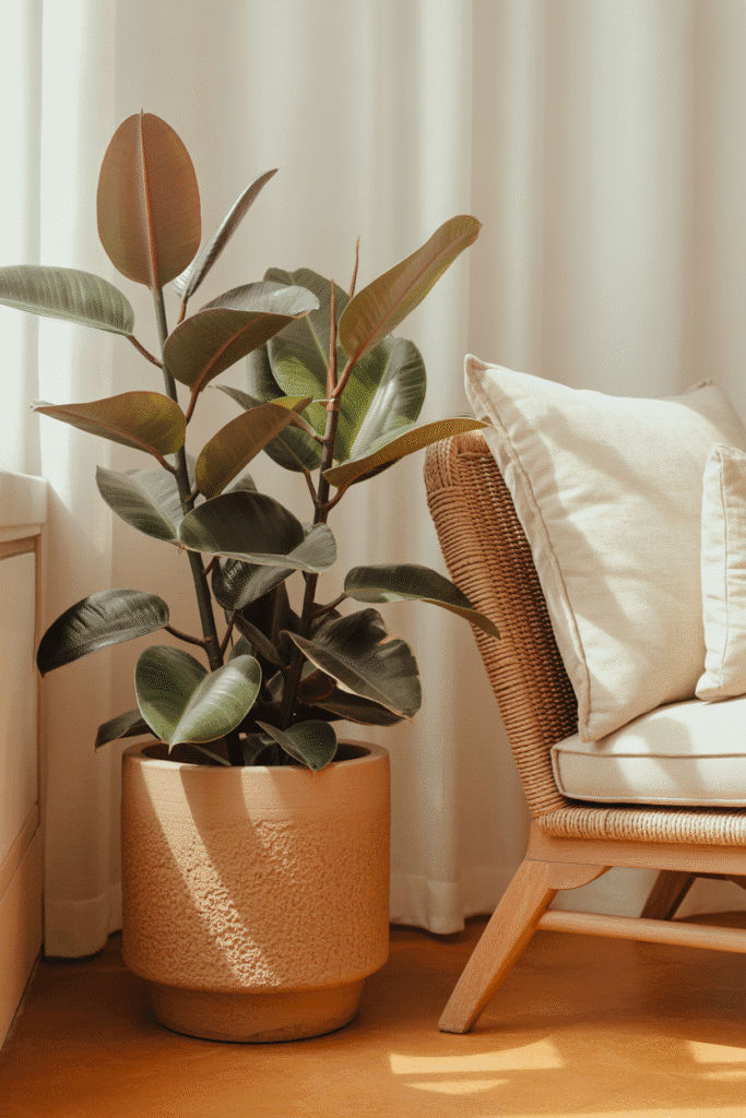 Mid-century modern living room corner with rubber plant in ceramic planter.
