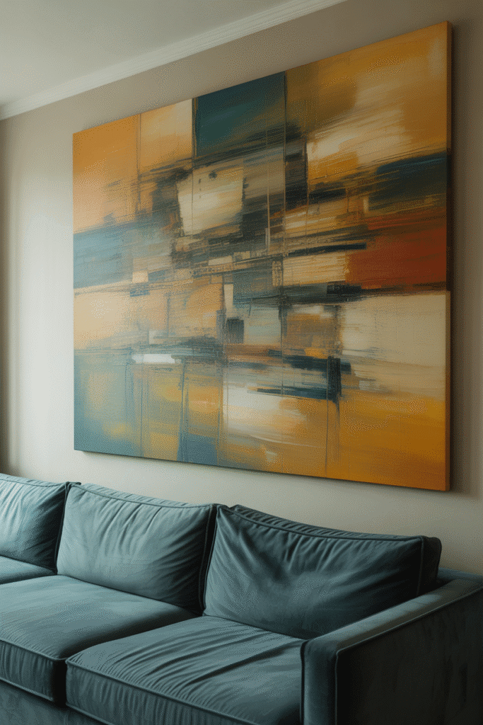 Cozy mid-century modern living room with oversized geometric abstract wall art.