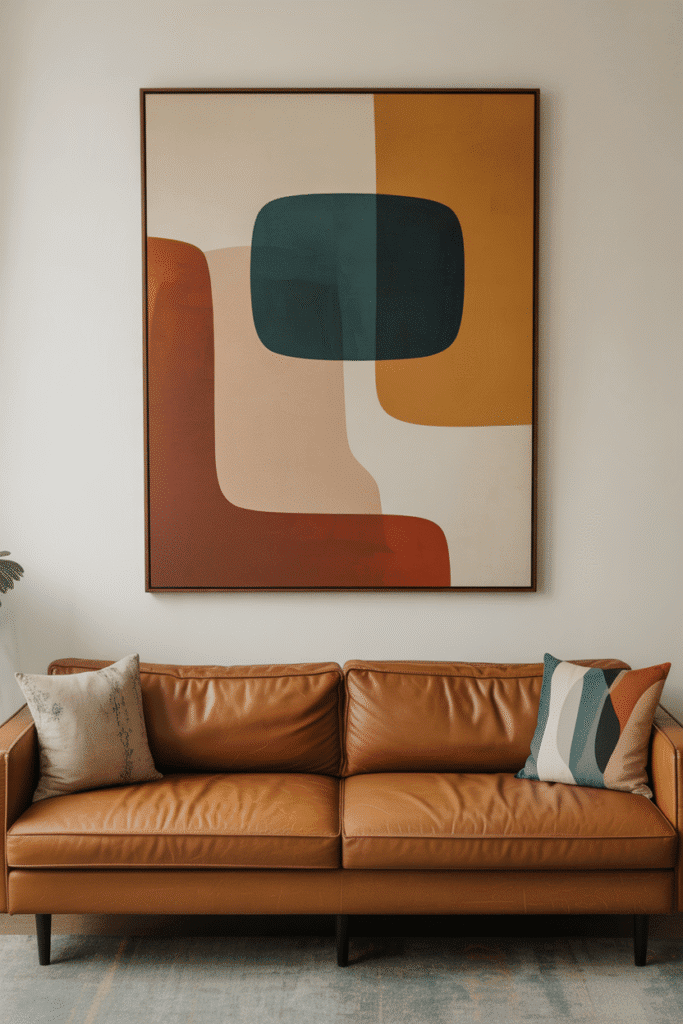 Cozy mid-century modern living room with oversized geometric abstract wall art.