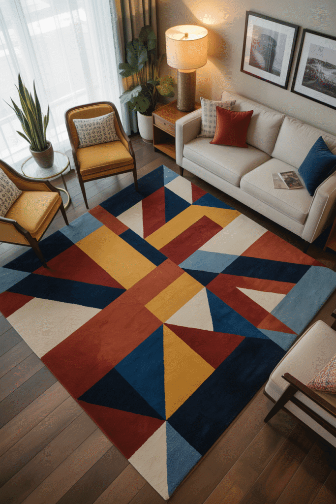 Mid-century modern living room with bold geometric statement rug.