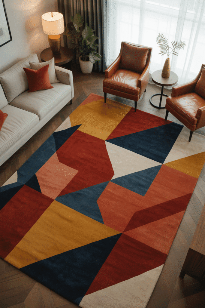 Mid-century modern living room with bold geometric statement rug.