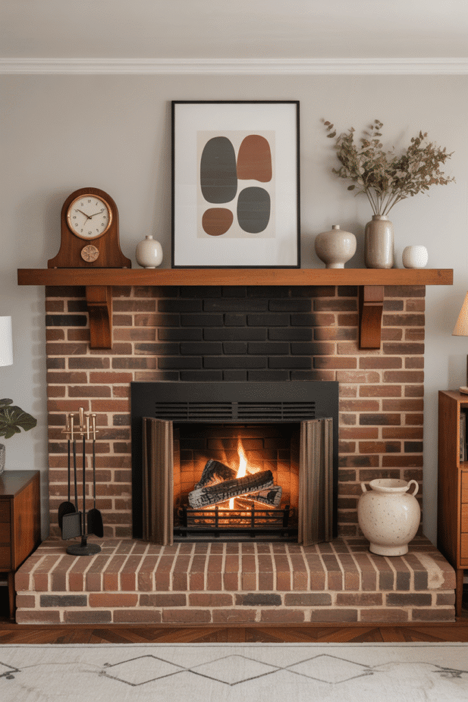 Cozy mid-century modern living room with brick fireplace styled with vintage accessories.