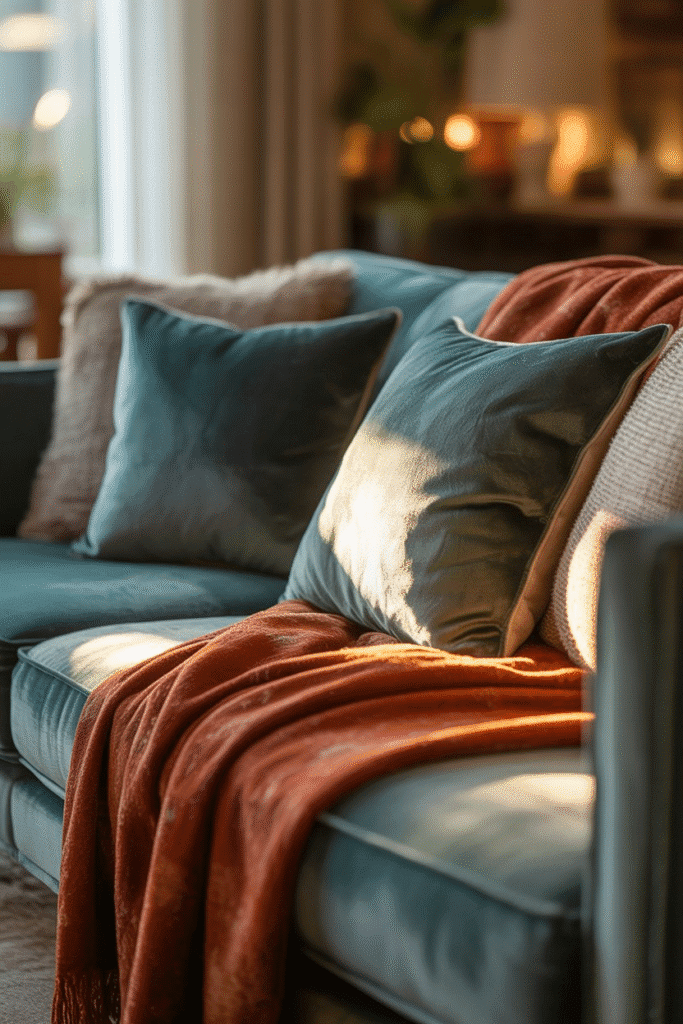 Mid-century modern sofa styled with layered throws and textured cushions.