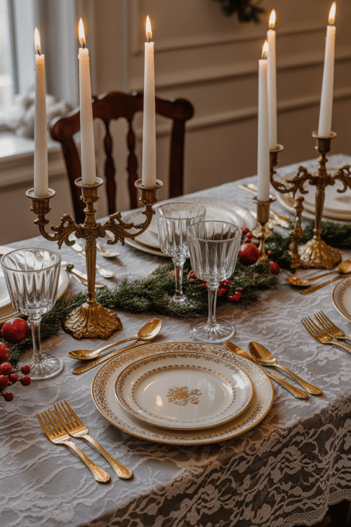 Victorian-style Christmas table setting with lace, fine china, and candlelight.
