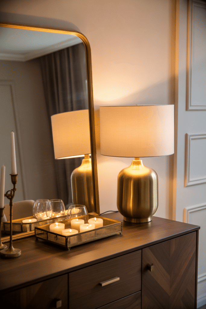 Cozy mid-century modern living room vignette with brass accents and gold mirror.