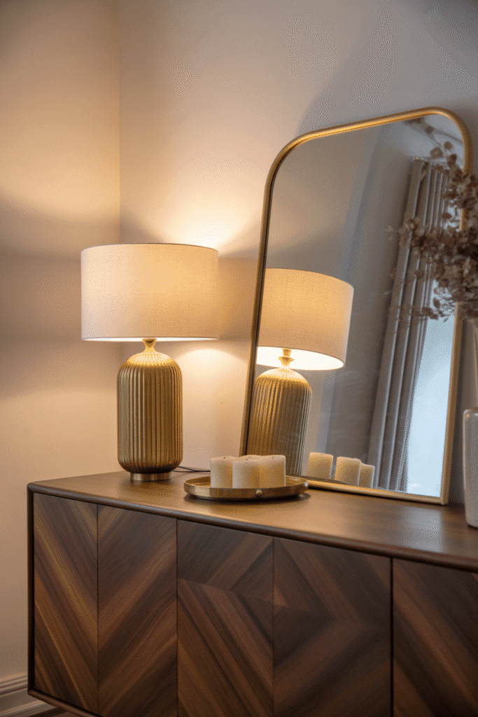 Cozy mid-century modern living room vignette with brass accents and gold mirror.