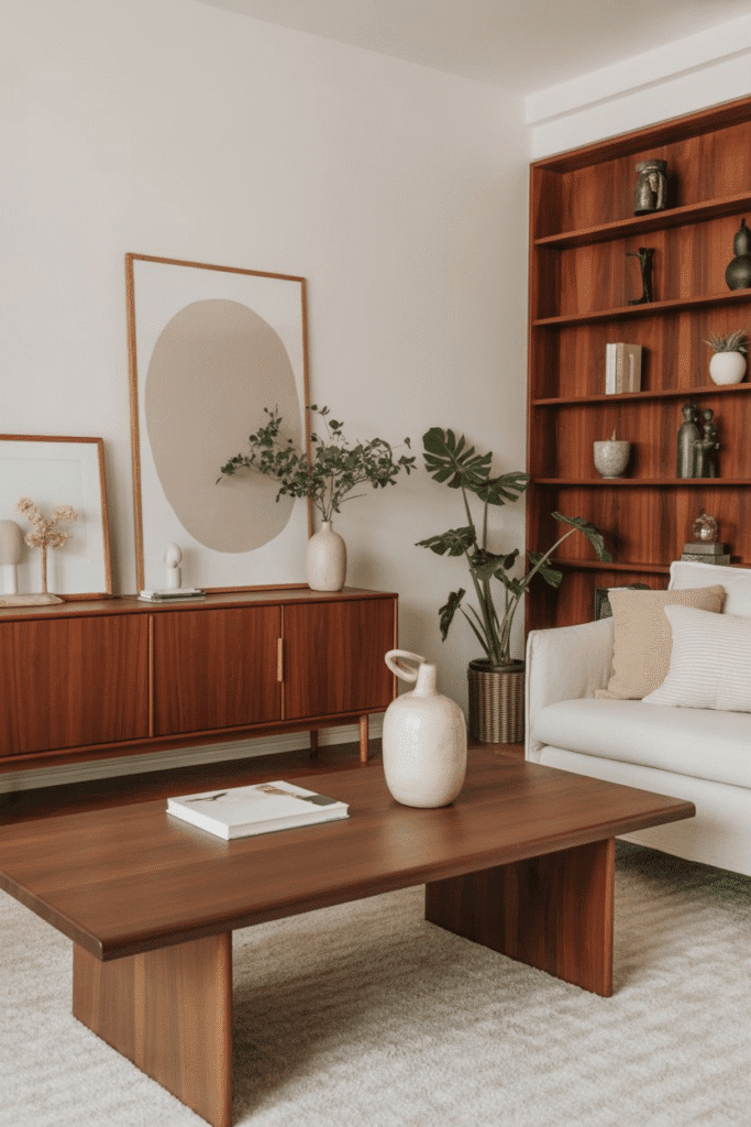 Mid-century modern living room with walnut, teak, and oak furniture finishes.