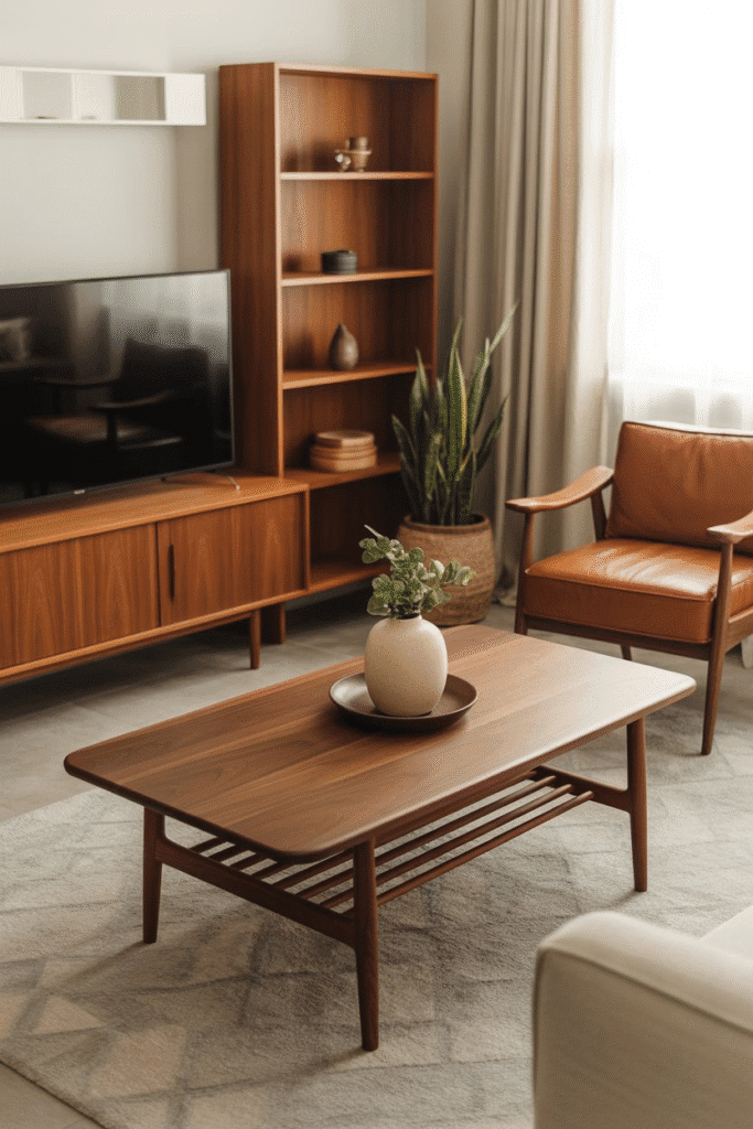 Mid-century modern living room with walnut, teak, and oak furniture finishes.