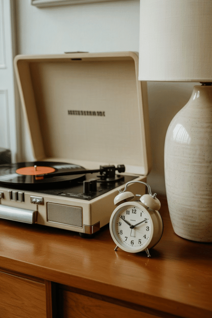 Cozy mid-century modern living room with vintage record player and rotary clock.