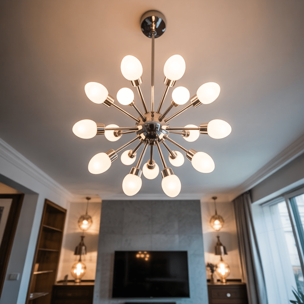 Mid-century modern living room with sculptural Sputnik chandelier.