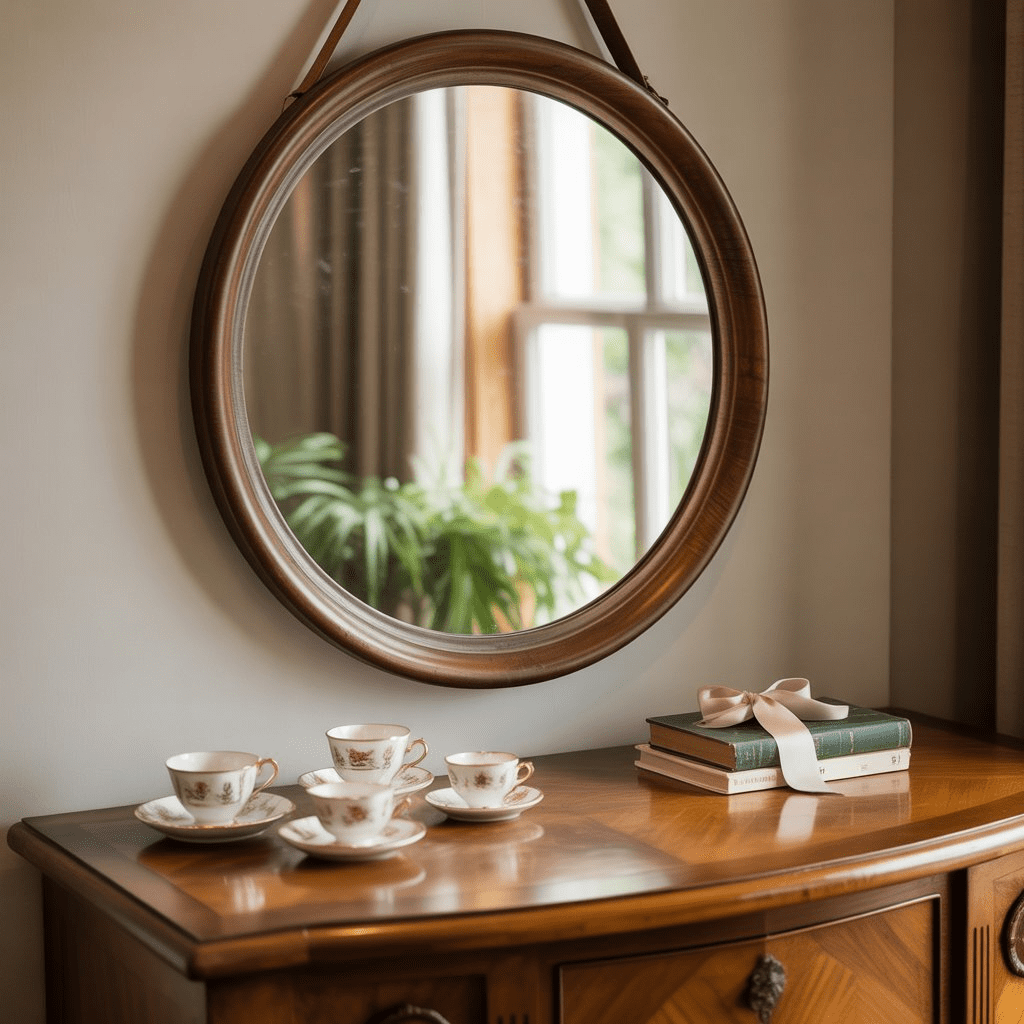 Cozy mid-century modern living room with round walnut-framed mirror.