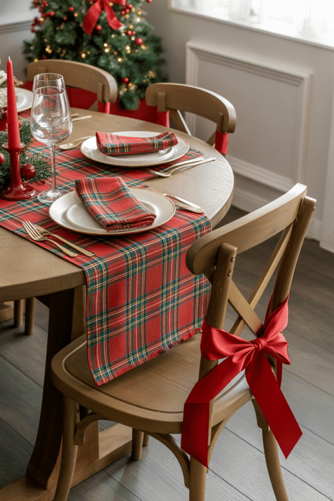 Festive Christmas dinner table with plaid-themed decor.