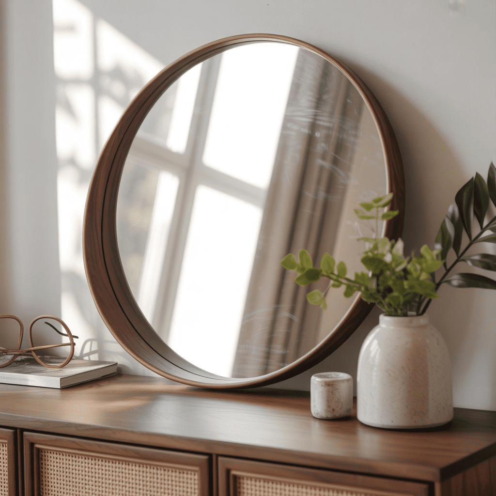 Cozy mid-century modern living room with round walnut-framed mirror.