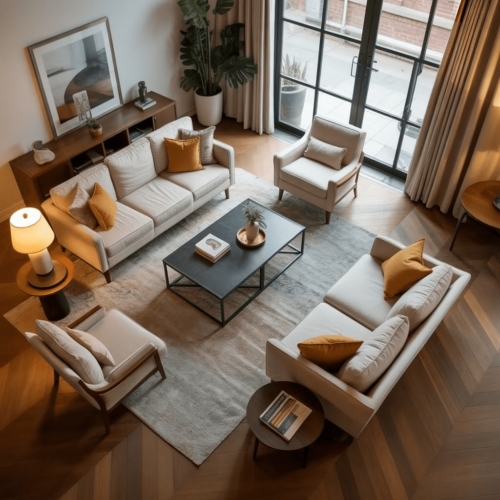 Mid-century modern living room with intimate conversational seating.