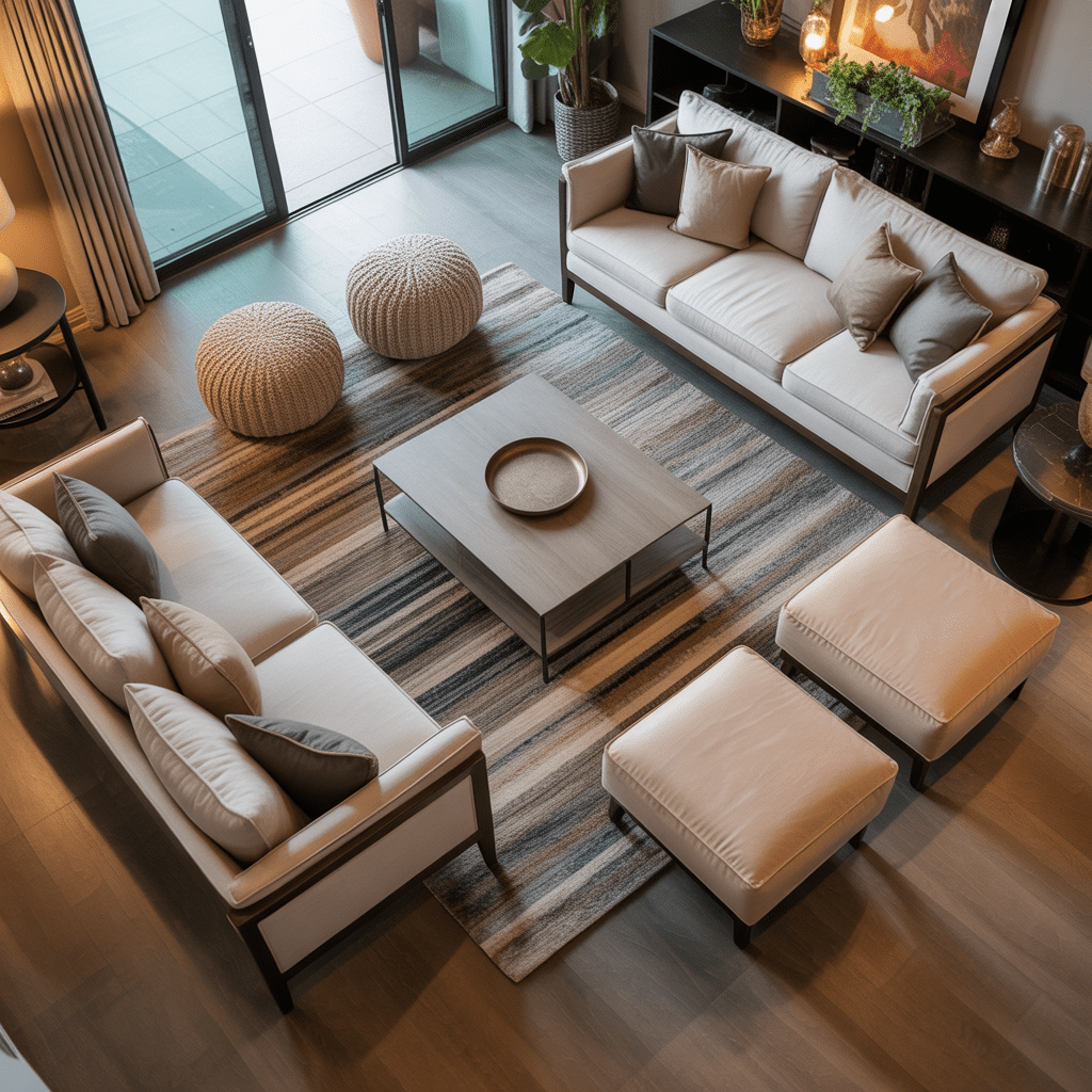 Mid-century modern living room with intimate conversational seating.