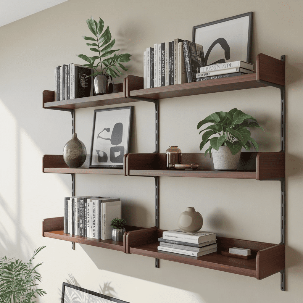 Mid-century modern living room with floating walnut shelves and curated decor.