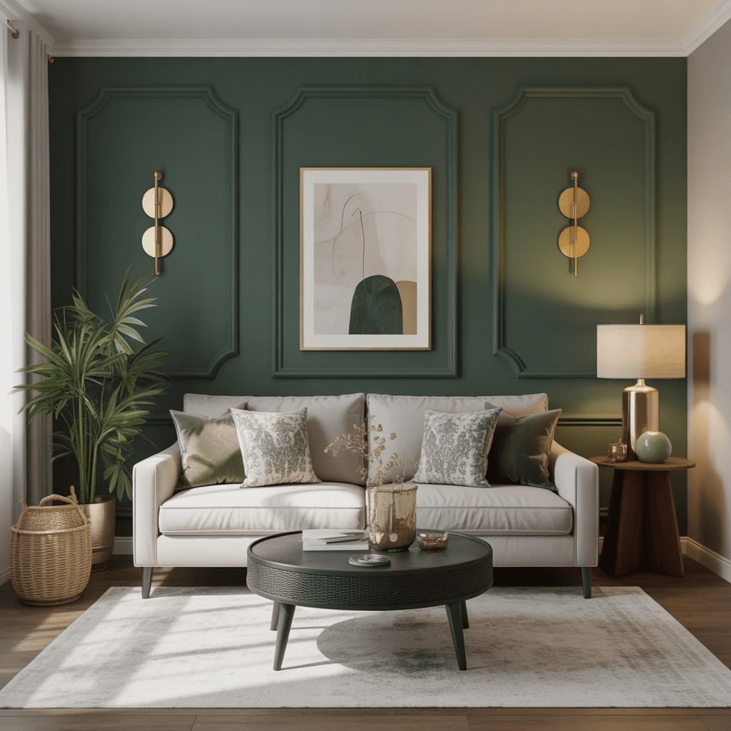 Cozy mid-century modern living room with forest green accent wall.