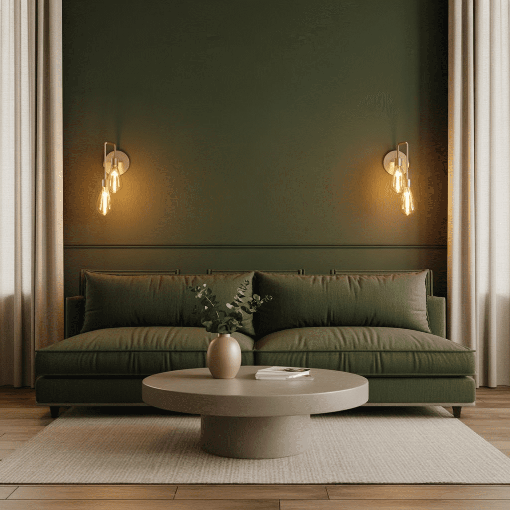 Cozy mid-century modern living room with forest green accent wall.