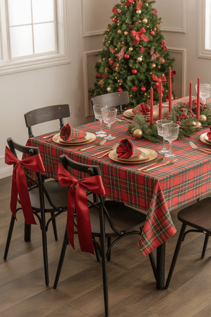 Festive Christmas dinner table with plaid-themed decor.