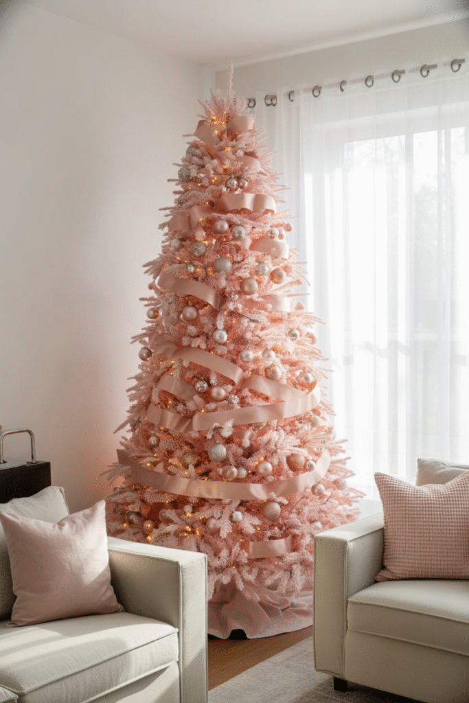 Blush pink Christmas tree with rose-gold ornaments and ribbons glowing in a modern living room.
