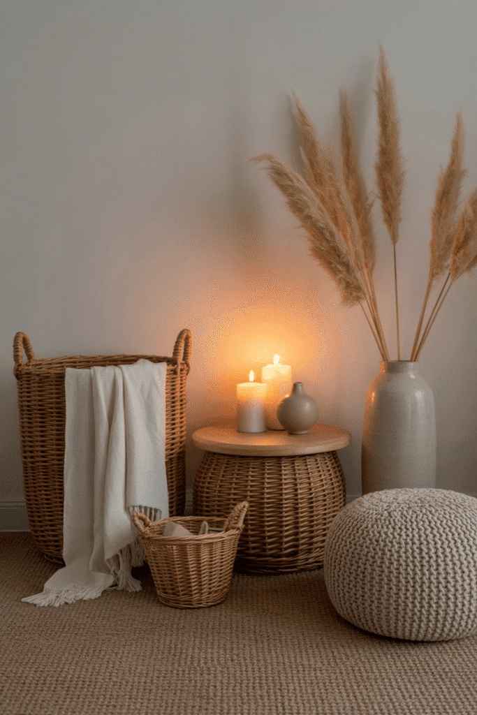 Mid-century modern living room sideboard with woven baskets, candles, and ceramics.