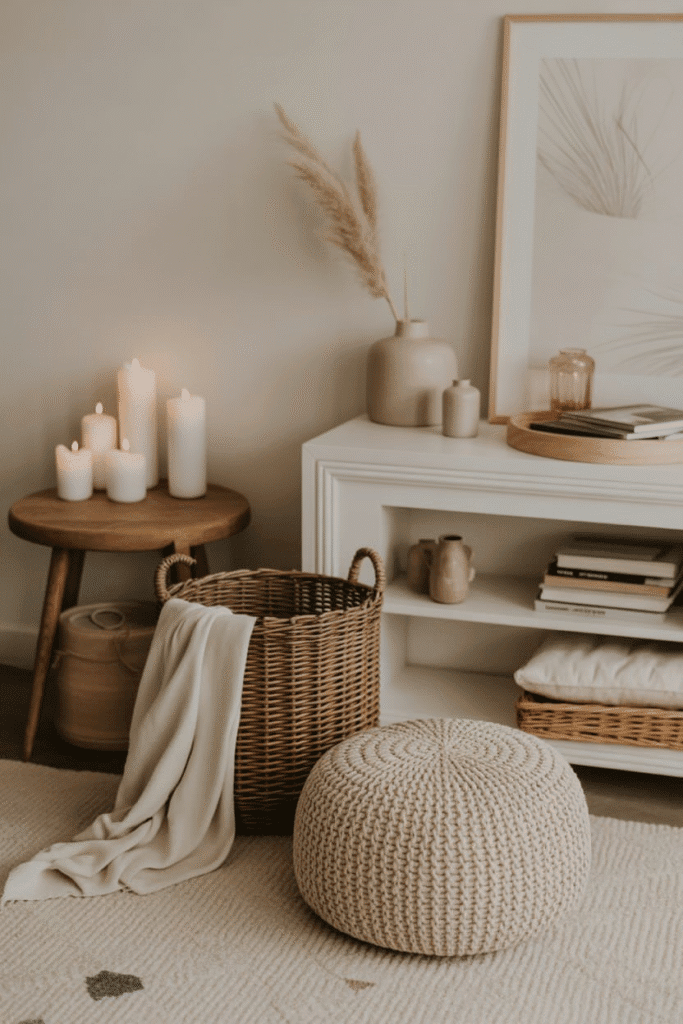 Mid-century modern living room sideboard with woven baskets, candles, and ceramics.