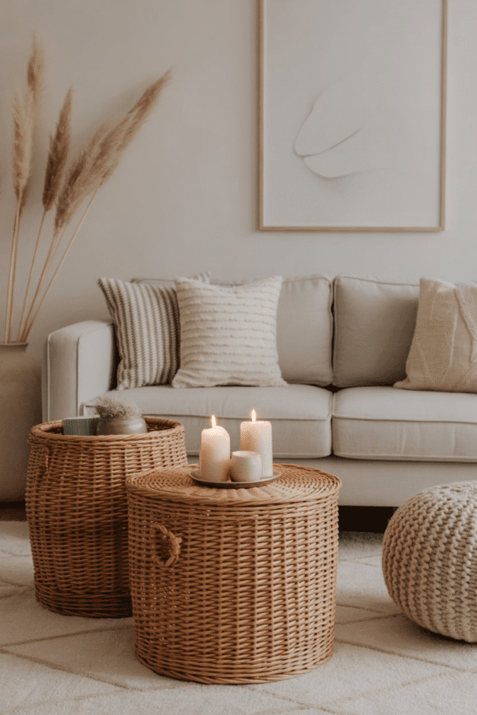 Mid-century modern living room sideboard with woven baskets, candles, and ceramics.