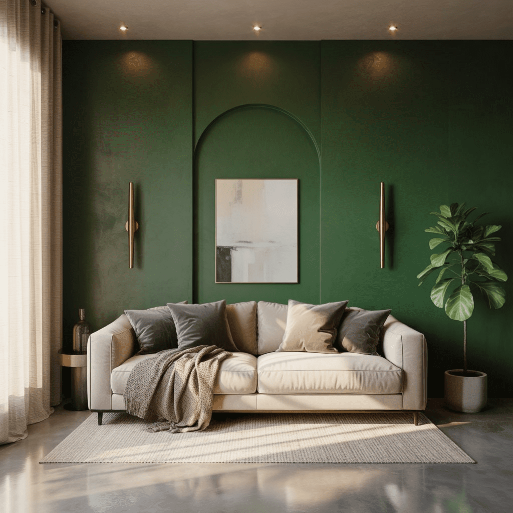 Cozy mid-century modern living room with forest green accent wall.