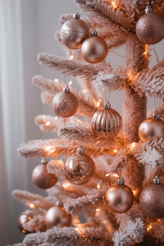 Rose-gold Christmas ornaments sparkling on a pink holiday tree.