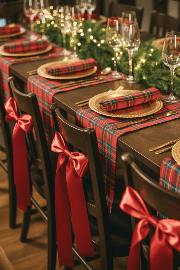 Festive Christmas dinner table with plaid-themed decor.