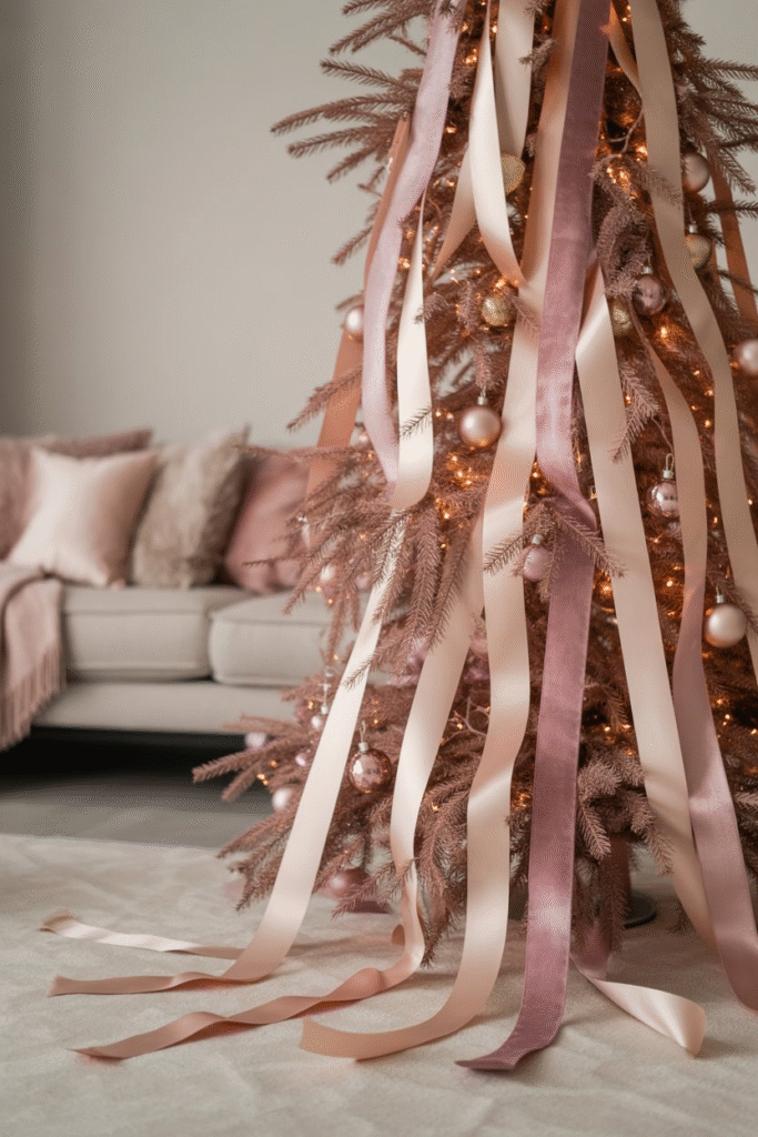 Pink Christmas tree with cascading blush and mauve ribbons.