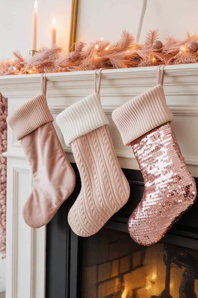 Fireplace mantel decorated with pink Christmas stockings and garland.
