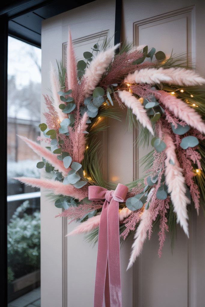 Pastel pink Christmas wreath with ribbon and fairy lights on door.