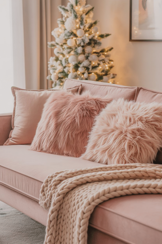 Living room sofa with pink throws and pillows beside a Christmas tree.