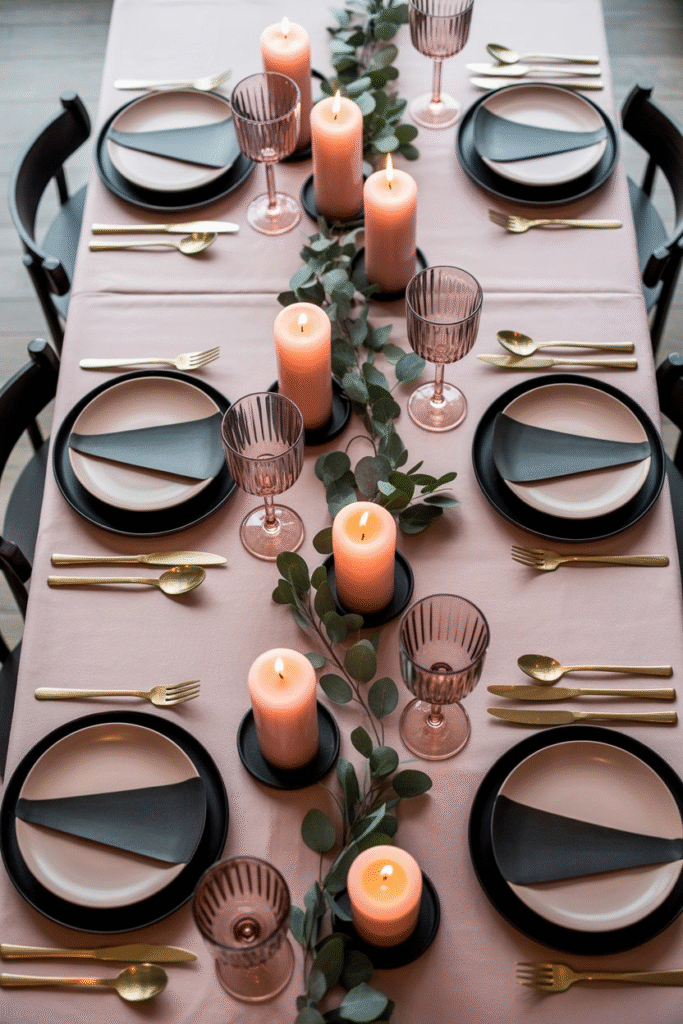 Elegant Christmas dining table set with blush linens and rose-tinted glassware.