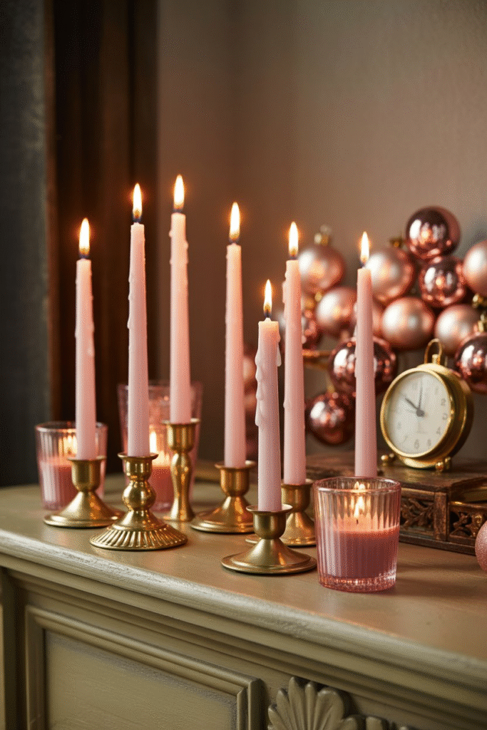 Pink taper candles glowing on mantel with gold holders.