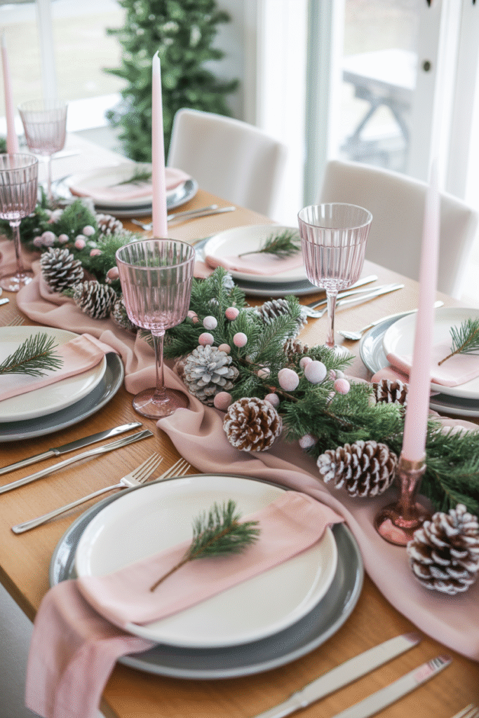 Pink and white holiday dining tablescape with frosted pinecones.