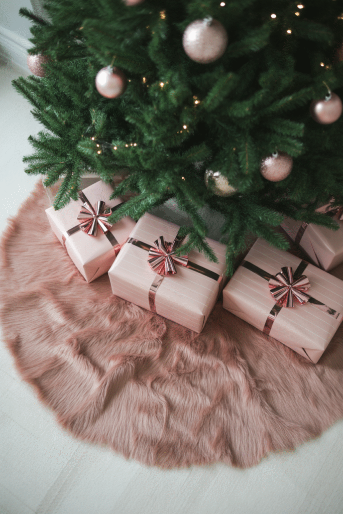 Pink faux fur tree skirt under a Christmas tree with wrapped gifts.