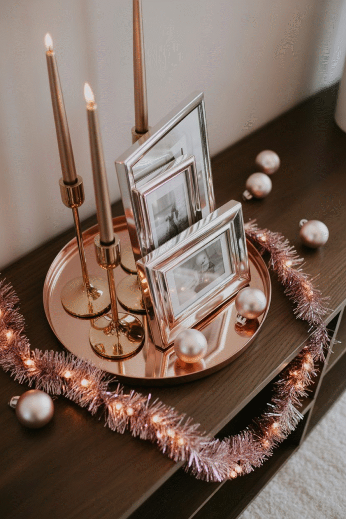 Metallic Christmas accents with gold candlesticks and blush ornaments.