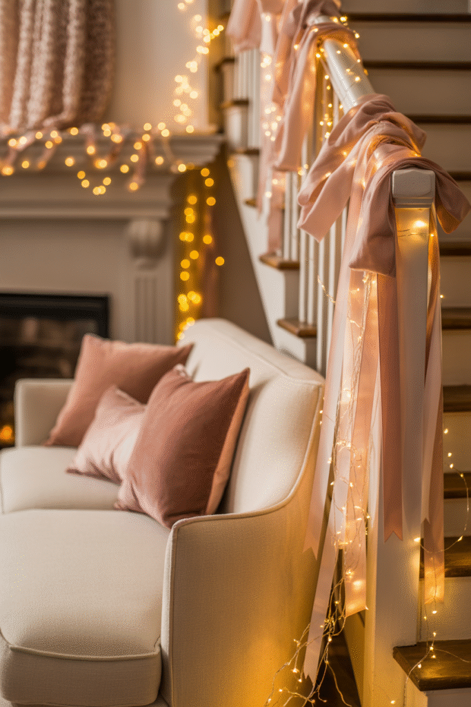 Warm fairy lights glowing along mantel with pink ribbons.