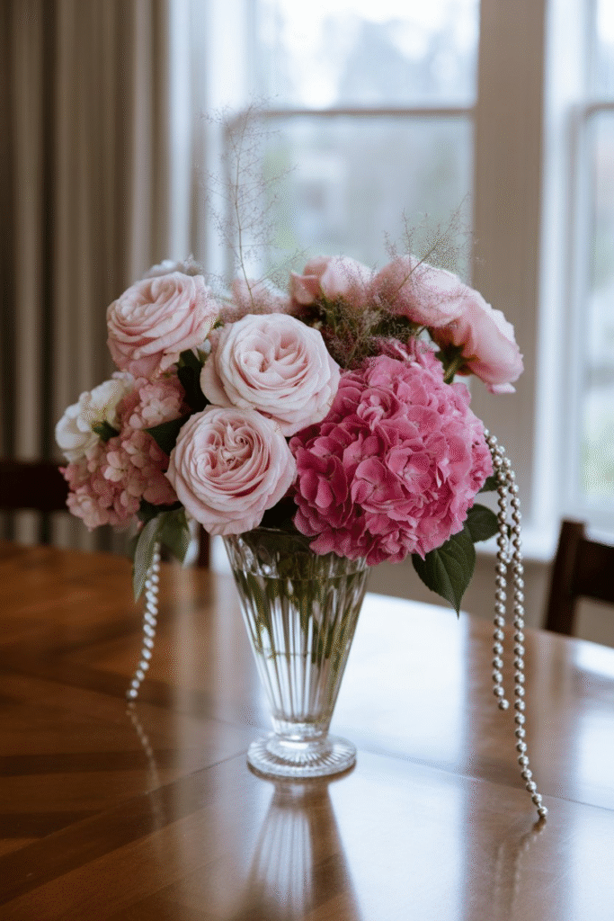 Pink floral arrangement with frosted roses and peonies for Christmas décor.