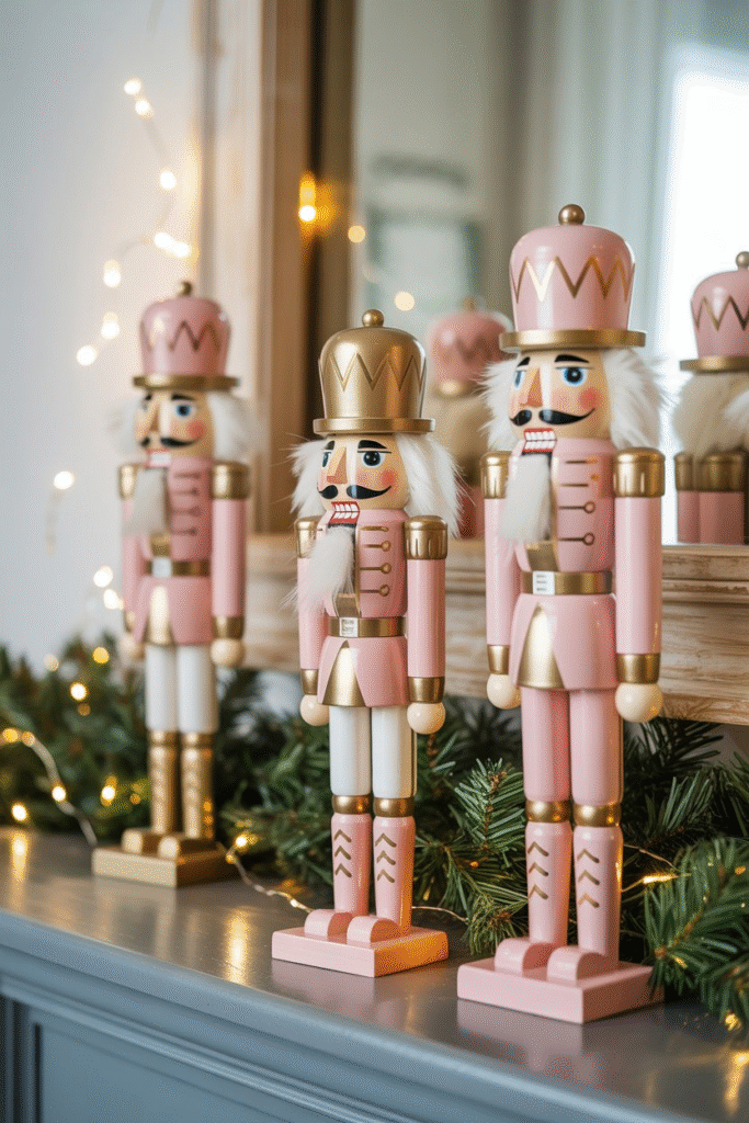 Blush pink and gold nutcracker figurines on a Christmas mantel.