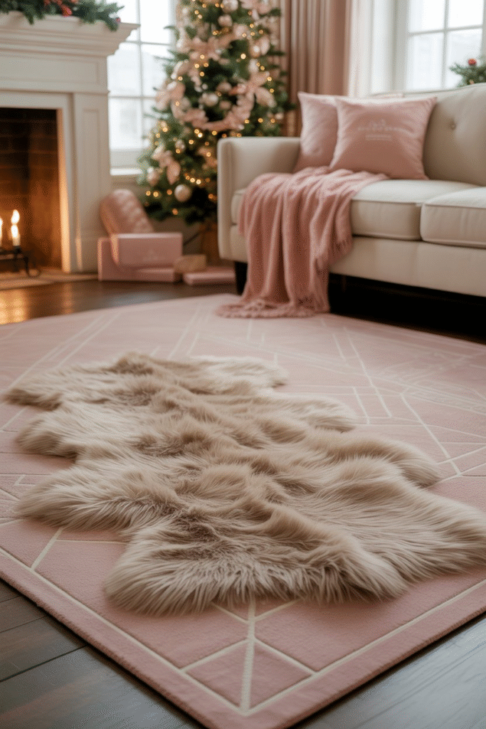 Layered blush and faux fur rugs in a holiday living room.