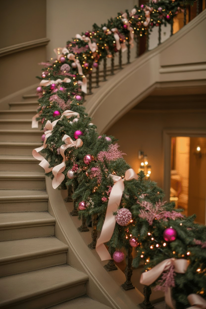 Green Christmas garland decorated with pink ornaments and ribbons.