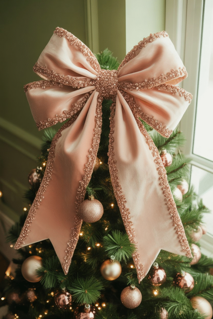 Blush velvet bow used as a Christmas tree topper.
