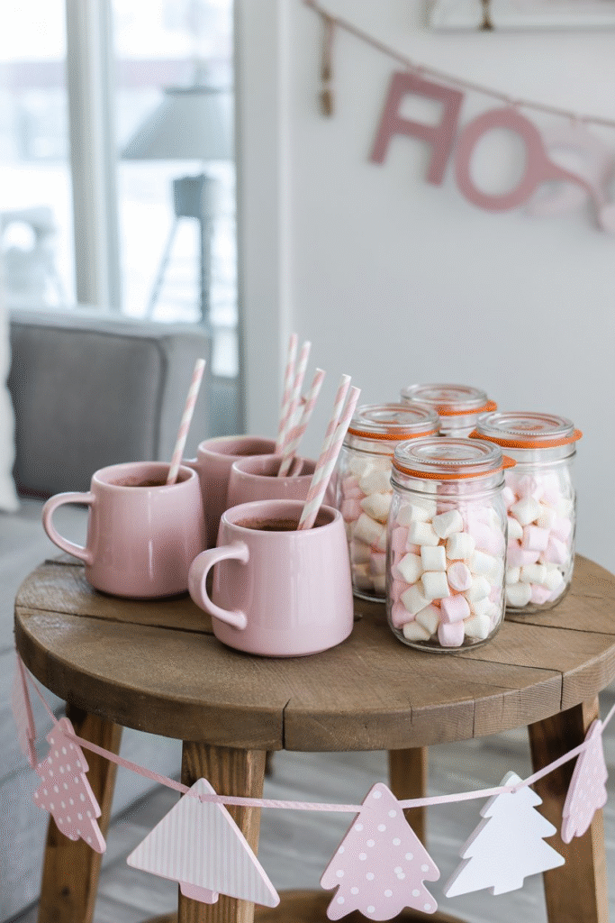 Pink-themed hot cocoa station with mugs and marshmallows.