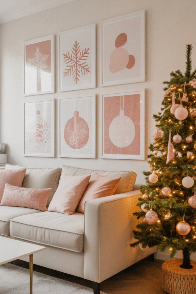 Wall art with blush pink snowflake and ornament prints for Christmas.